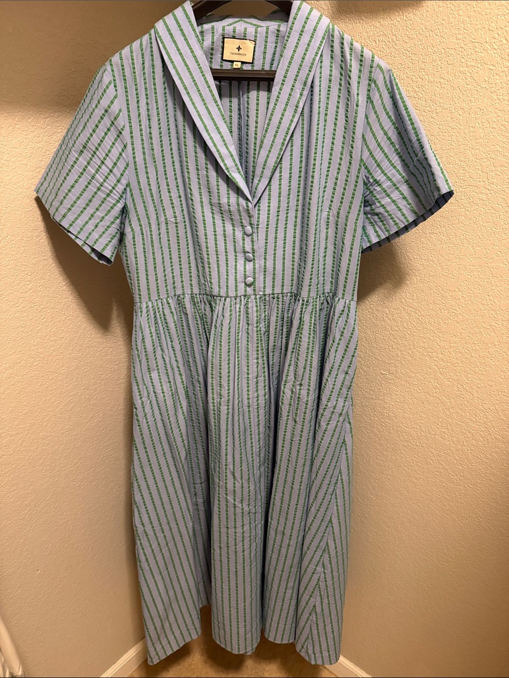 Striped Blue and Green Short-Sleeve Shirt Dress